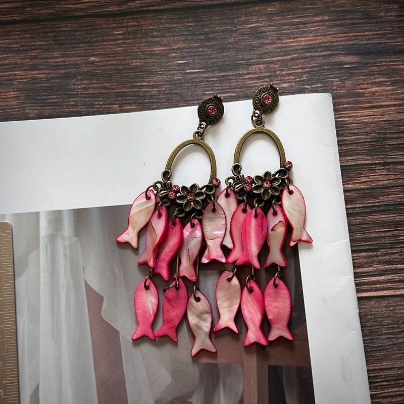 Natural Pink Tassel Fish Drop Earrings For Women With 304 Stainless Steel Studs, Alloy Craft