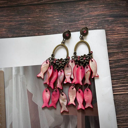 Natural Pink Tassel Fish Drop Earrings For Women With 304 Stainless Steel Studs, Alloy Craft