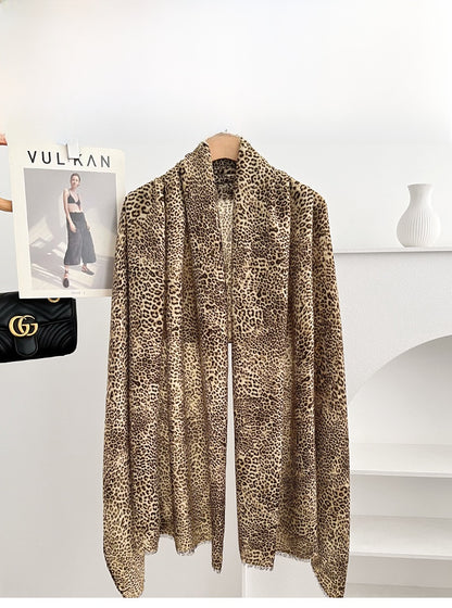Retro Leopard Print Scarf For Women In Khaki, Lightweight Polyester Silk Scarf Perfect For Summer