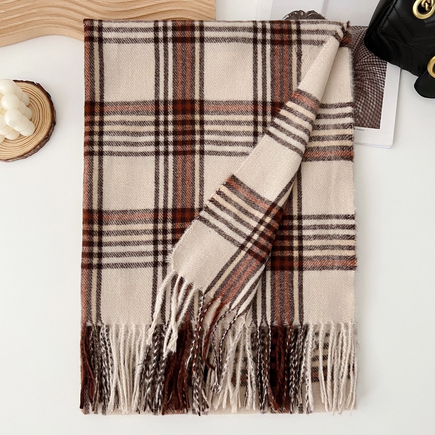Plaid Scarf For Women In Imitation Cashmere, Beige Color, Perfect For Autumn Season