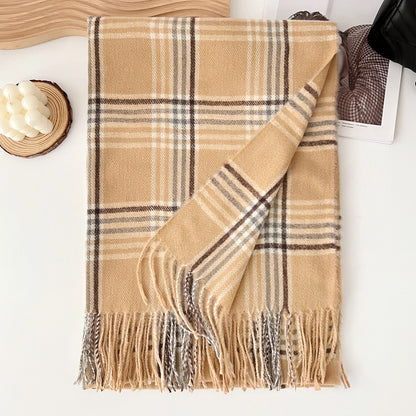 Plaid Scarf For Women In Imitation Cashmere, Beige Color, Perfect For Autumn Season