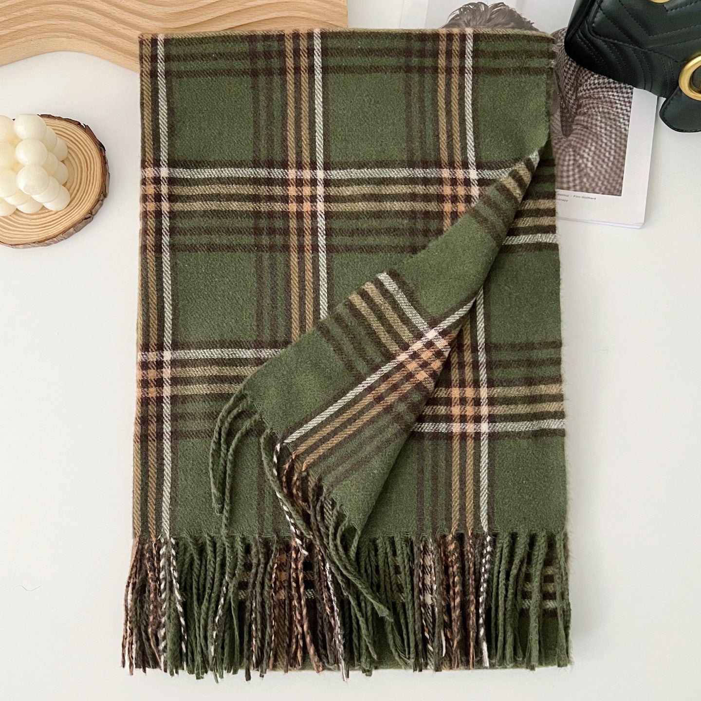 Plaid Scarf For Women In Imitation Cashmere, Beige Color, Perfect For Autumn Season