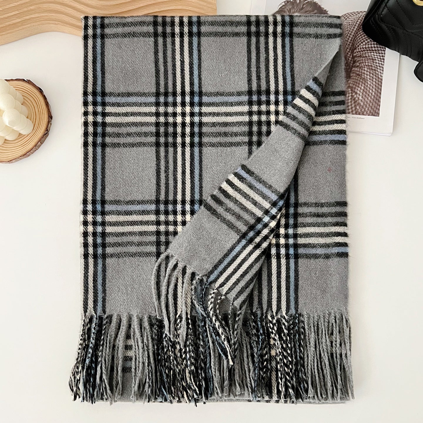 Plaid Scarf For Women In Imitation Cashmere, Beige Color, Perfect For Autumn Season