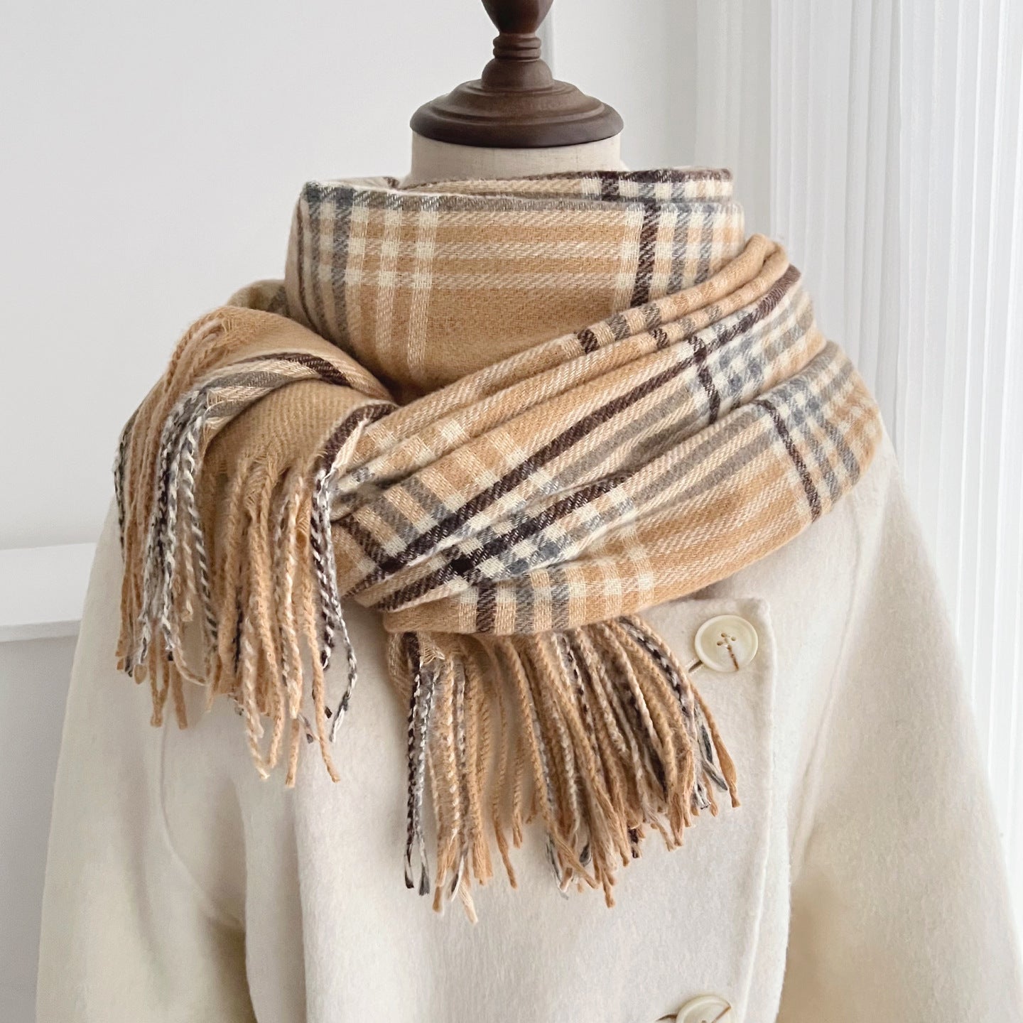 Plaid Scarf For Women In Imitation Cashmere, Beige Color, Perfect For Autumn Season