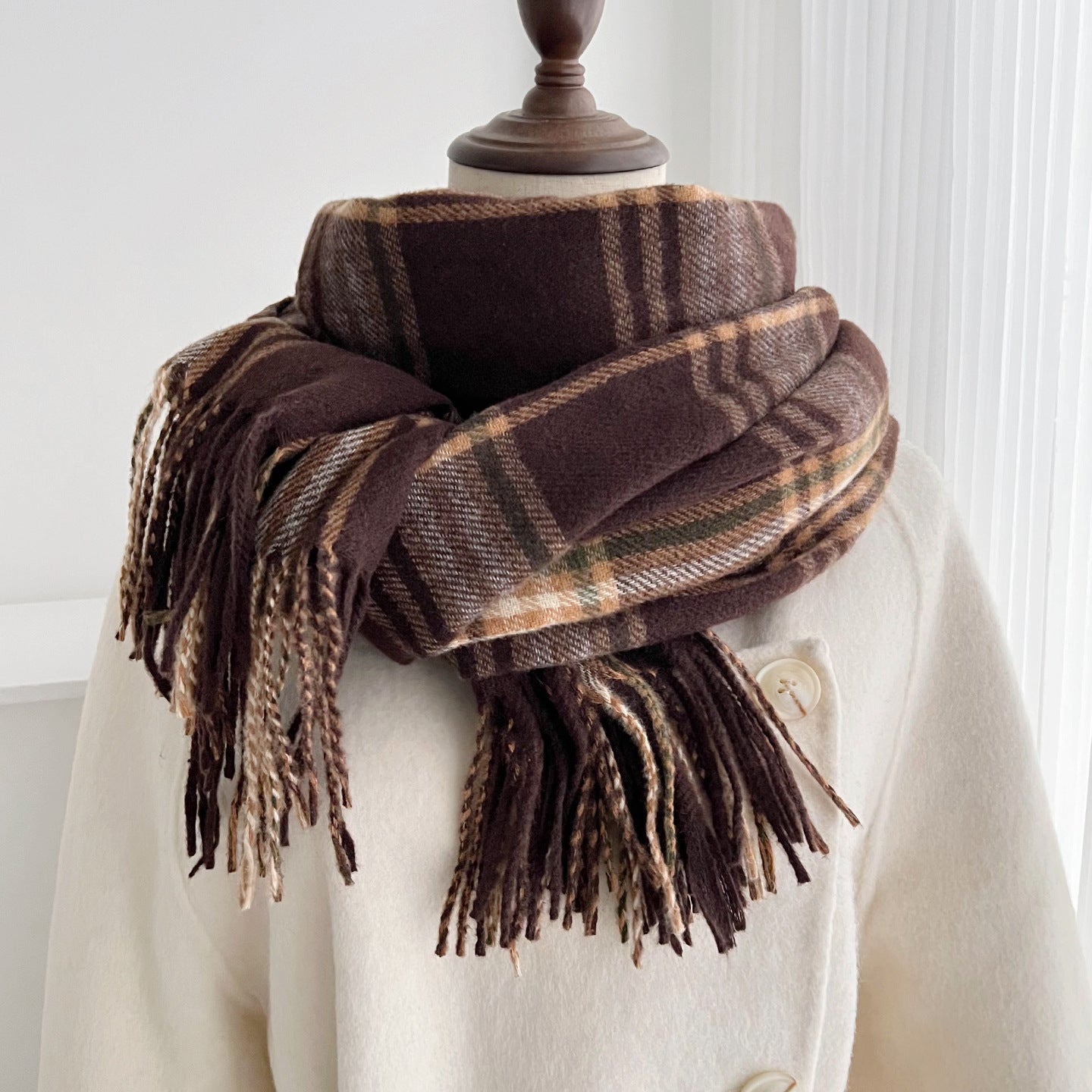 Plaid Scarf For Women In Imitation Cashmere, Beige Color, Perfect For Autumn Season