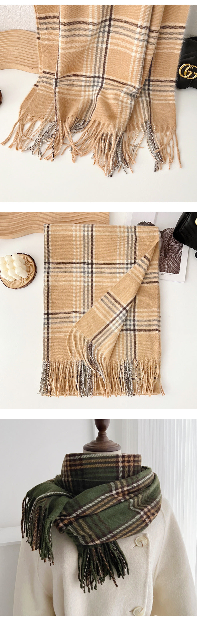 Plaid Scarf For Women In Imitation Cashmere, Beige Color, Perfect For Autumn Season