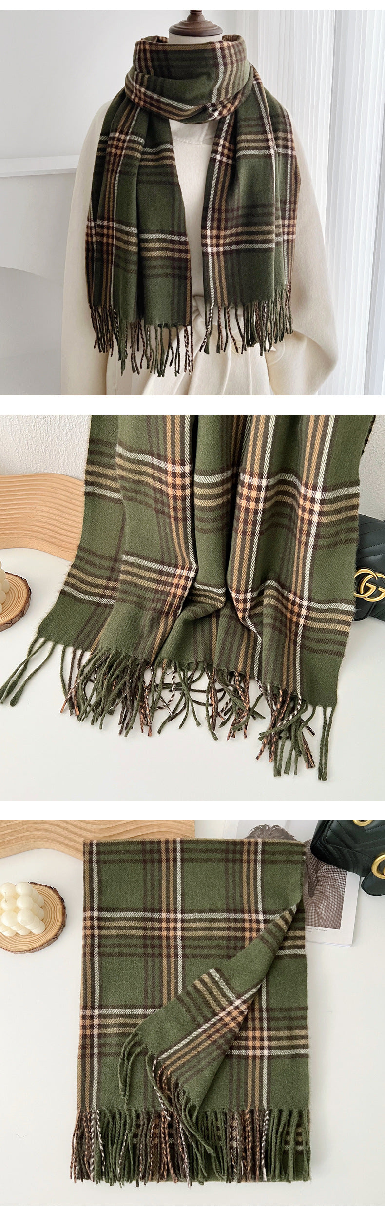 Plaid Scarf For Women In Imitation Cashmere, Beige Color, Perfect For Autumn Season