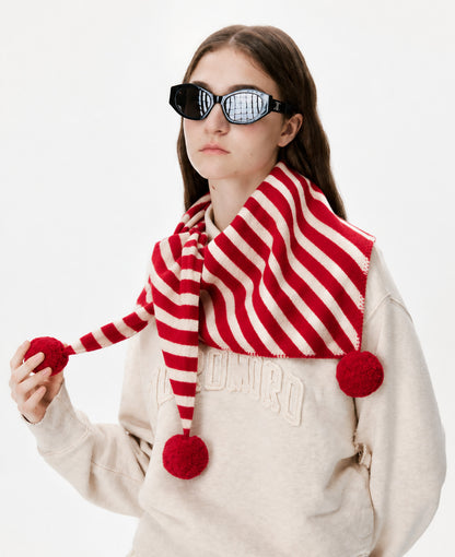 Women’s Stripe Triangle Scarf In Red Wool, Perfect For Autumn & Winter And Christmas Season