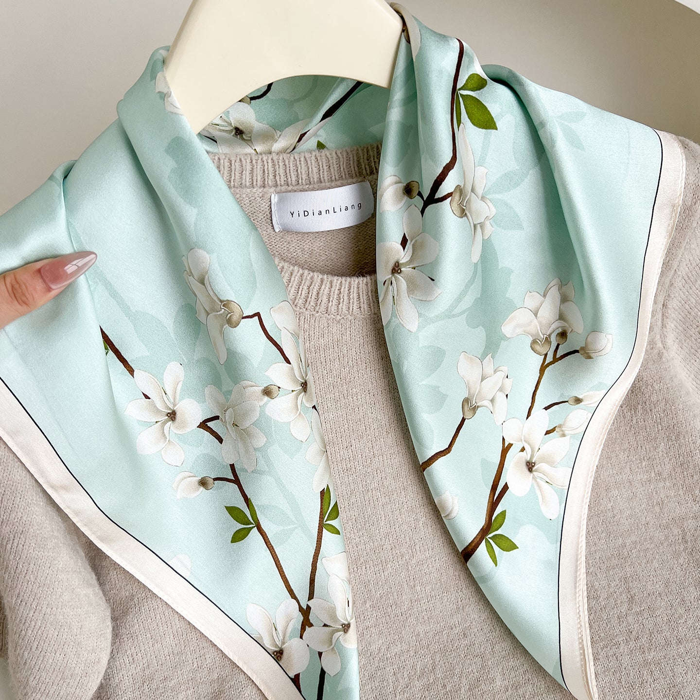 Casual Women’s Silk Scarf With Flowers Pattern In Green, Perfect For Spring