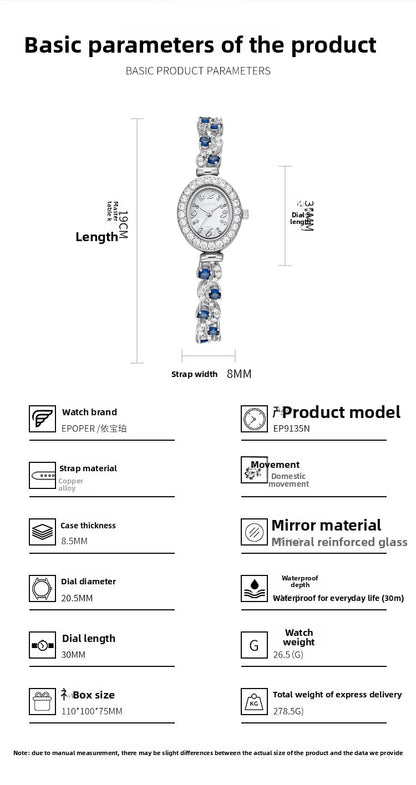 Women's Quartz Watch With Oval Dial, Metal Strap Featuring Jewelry Buckle And Tempered Glass Mirror