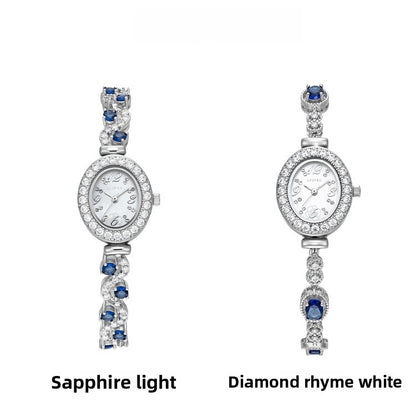 Women's Quartz Watch With Oval Dial, Metal Strap Featuring Jewelry Buckle And Tempered Glass Mirror