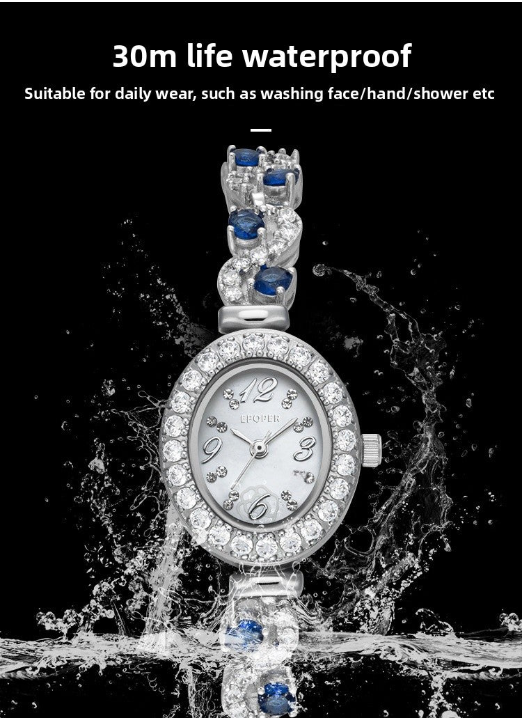 Women's Quartz Watch With Oval Dial, Metal Strap Featuring Jewelry Buckle And Tempered Glass Mirror