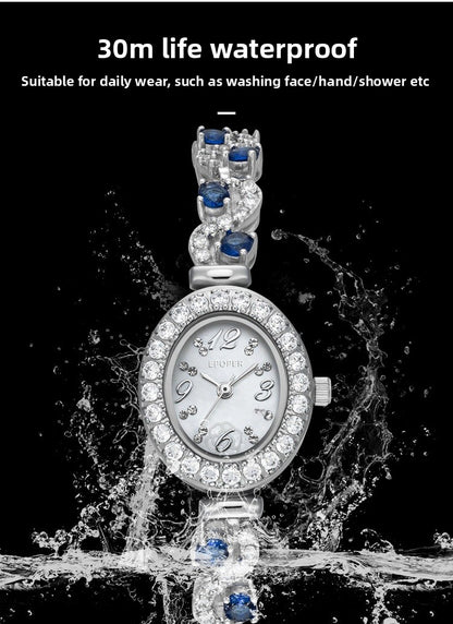 Women's Quartz Watch With Oval Dial, Metal Strap Featuring Jewelry Buckle And Tempered Glass Mirror