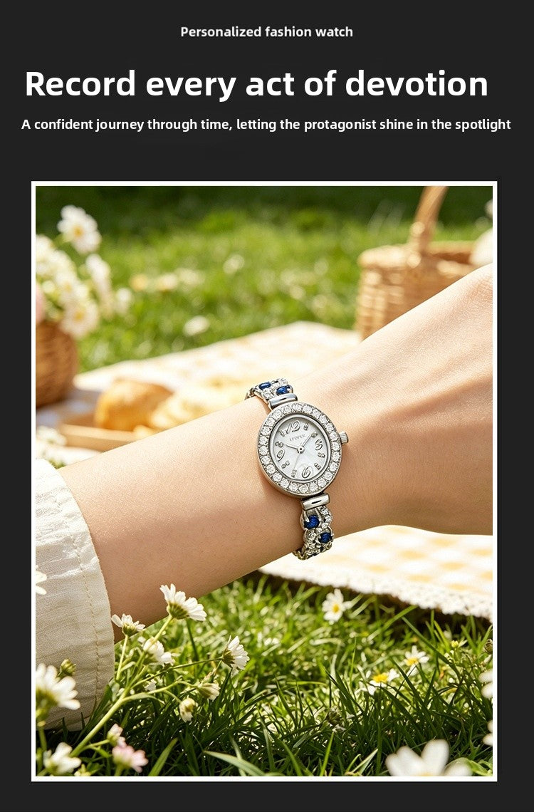 Women's Quartz Watch With Oval Dial, Metal Strap Featuring Jewelry Buckle And Tempered Glass Mirror