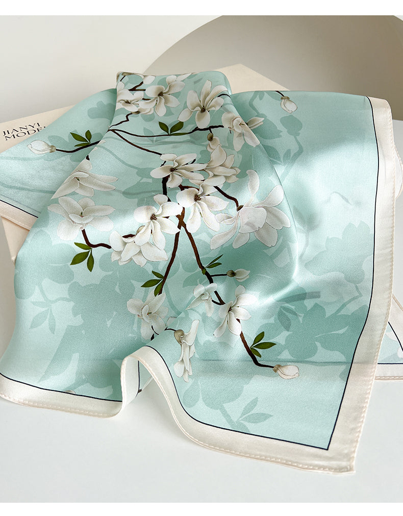 Casual Women’s Silk Scarf With Flowers Pattern In Green, Perfect For Spring