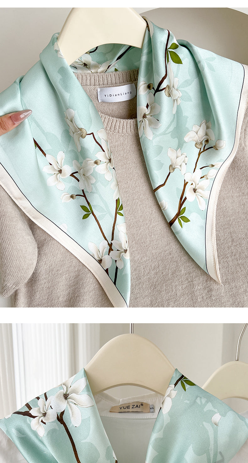 Casual Women’s Silk Scarf With Flowers Pattern In Green, Perfect For Spring