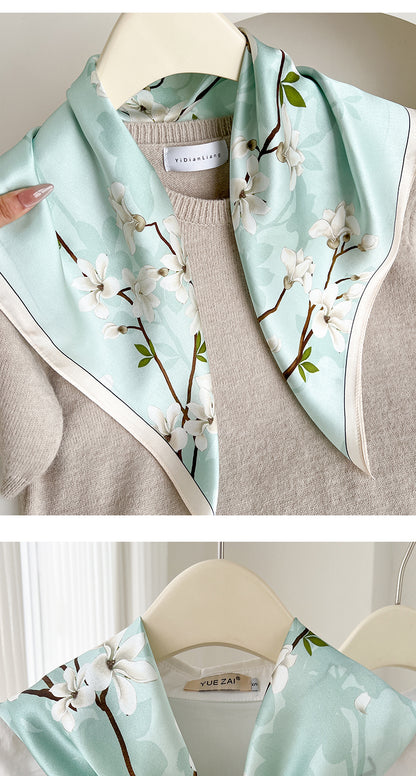 Casual Women’s Silk Scarf With Flowers Pattern In Green, Perfect For Spring