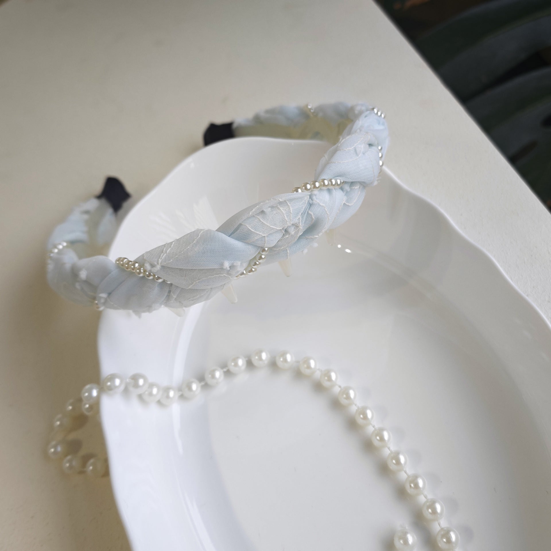 Pearl Jewelry Headband For Women In Blue Chiffon, Perfect For Spring & Summer