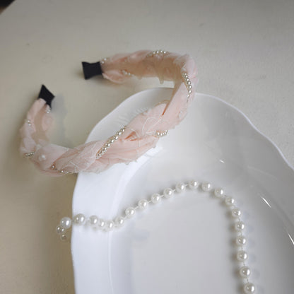 Pearl Jewelry Headband For Women In Blue Chiffon, Perfect For Spring & Summer