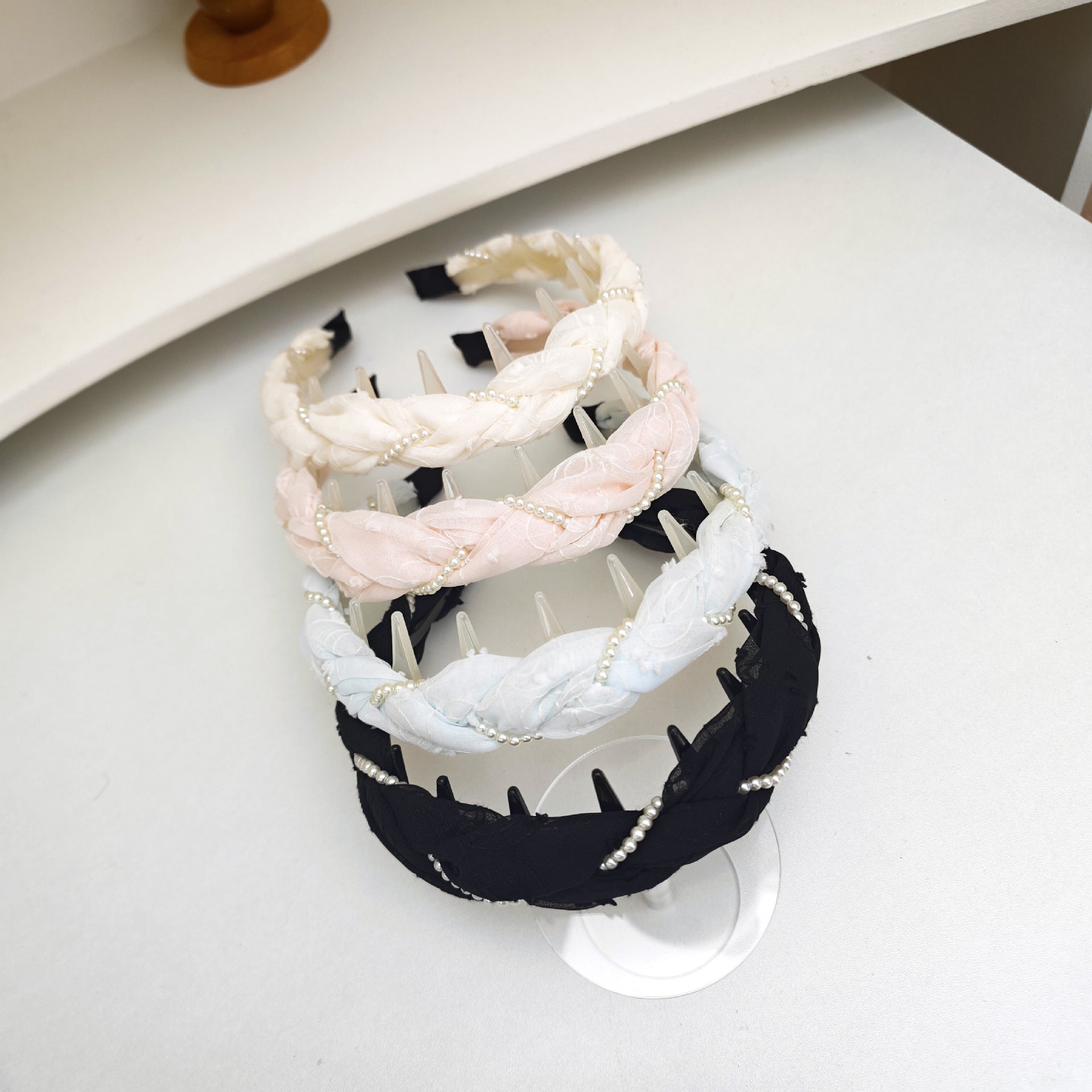 Pearl Jewelry Headband For Women In Blue Chiffon, Perfect For Spring & Summer