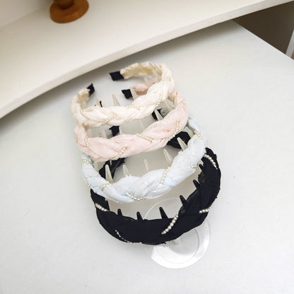Pearl Jewelry Headband For Women In Blue Chiffon, Perfect For Spring & Summer