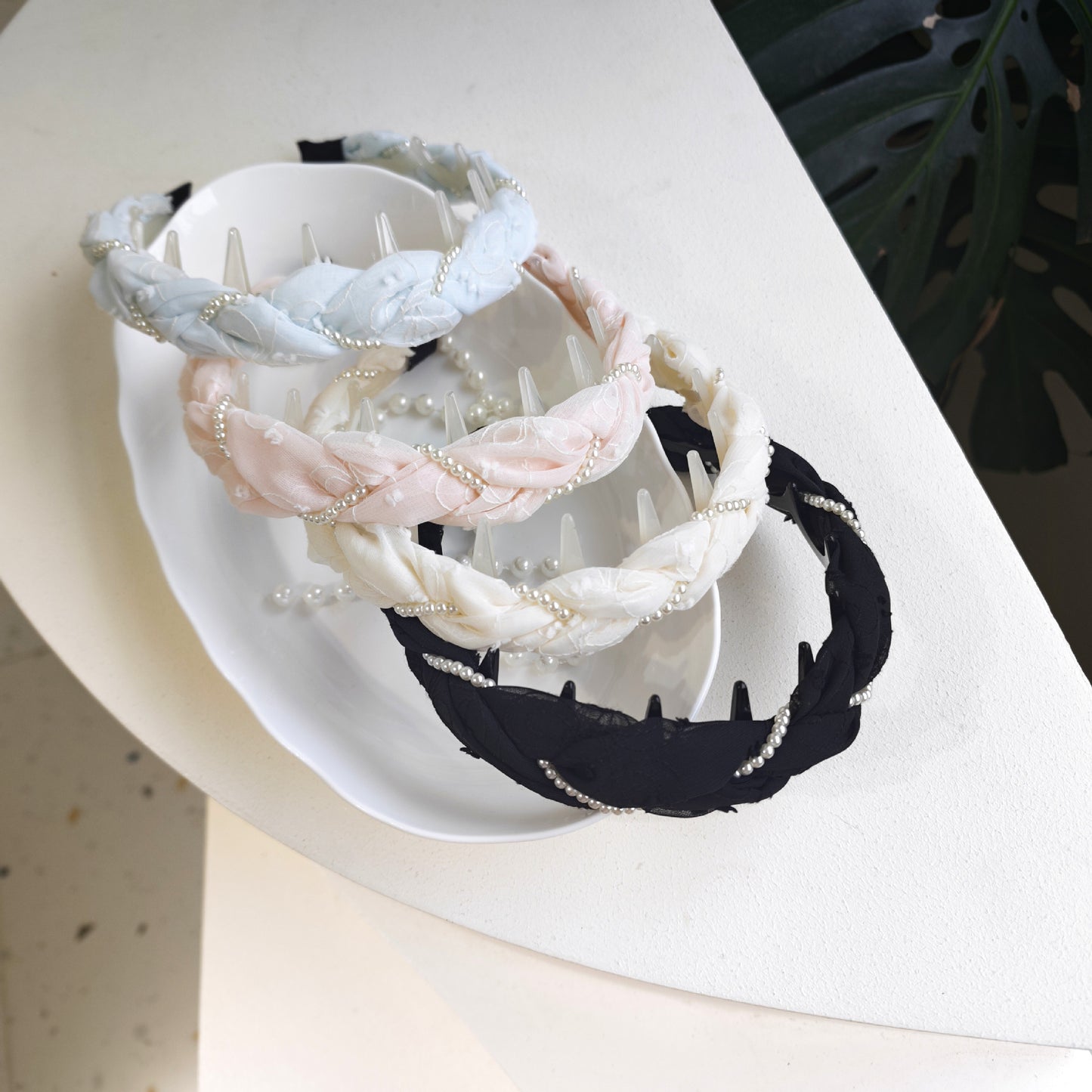 Pearl Jewelry Headband For Women In Blue Chiffon, Perfect For Spring & Summer