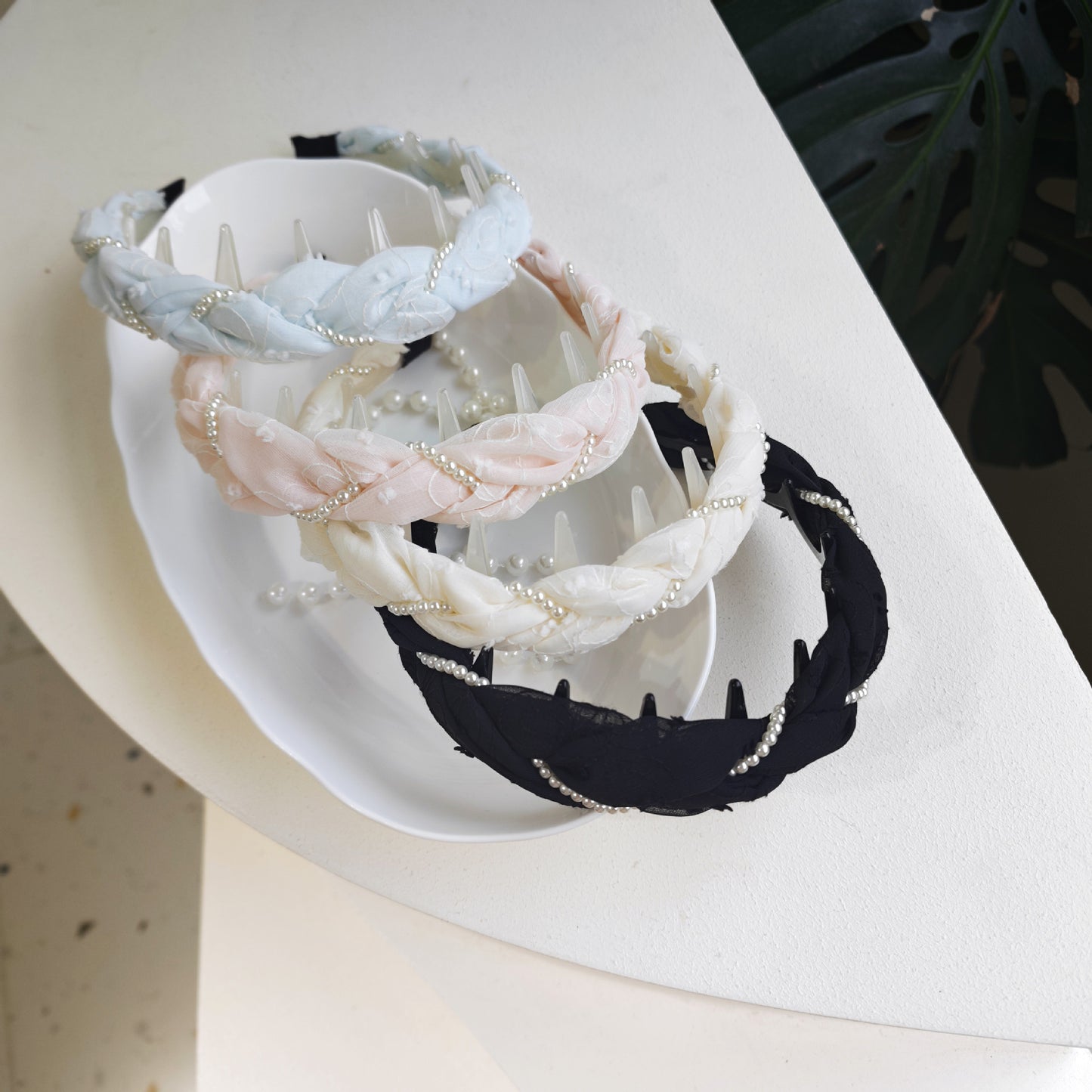 Pearl Jewelry Headband For Women In Blue Chiffon, Perfect For Spring & Summer