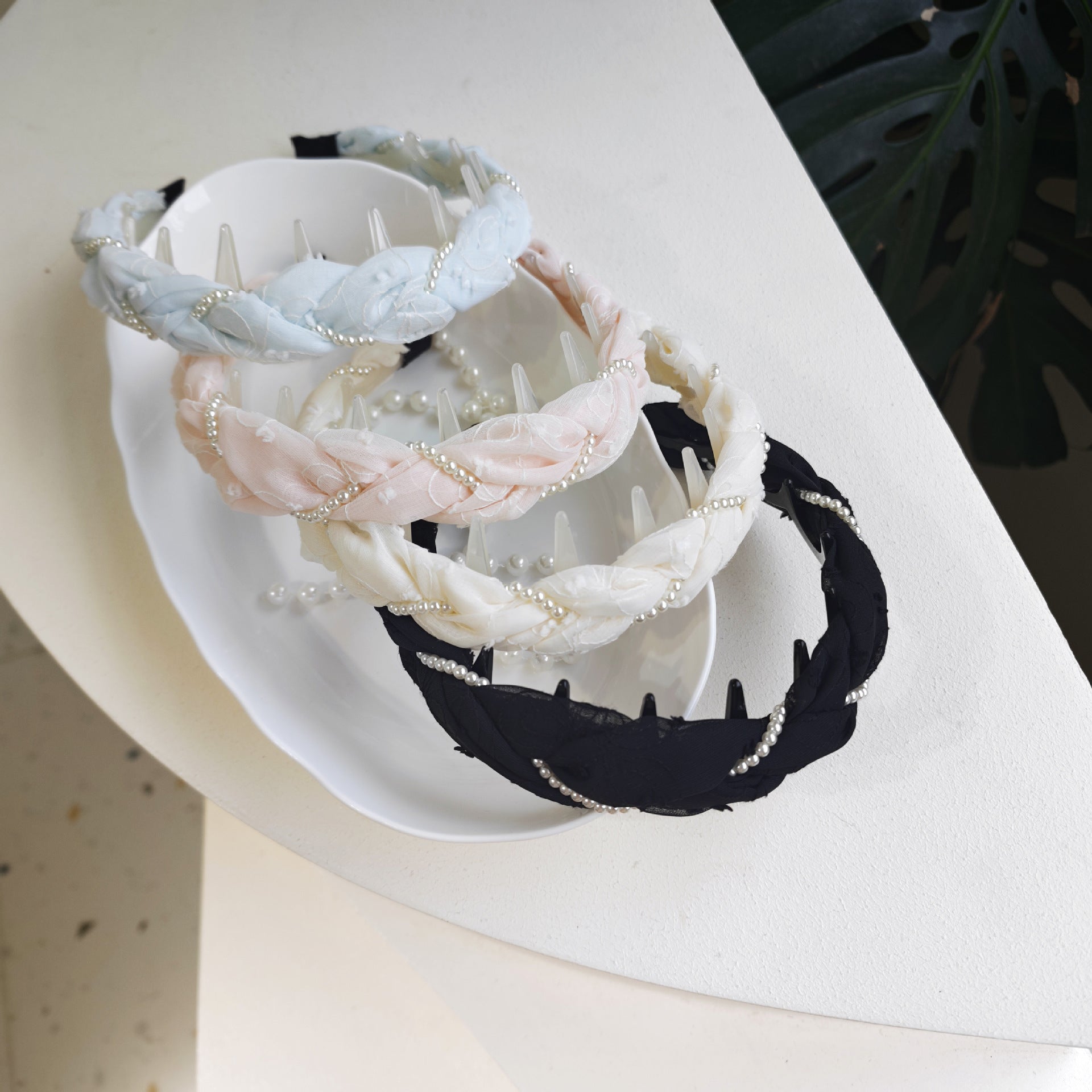Pearl Jewelry Headband For Women In Blue Chiffon, Perfect For Spring & Summer