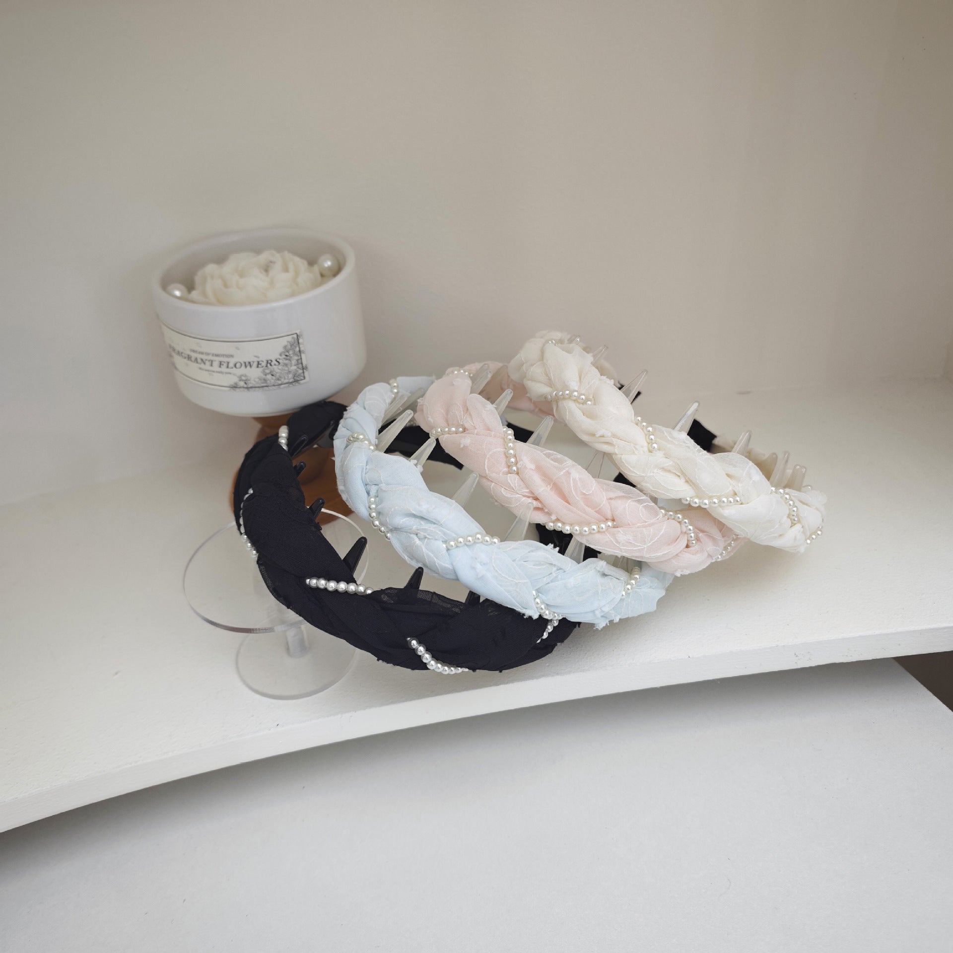 Pearl Jewelry Headband For Women In Blue Chiffon, Perfect For Spring & Summer