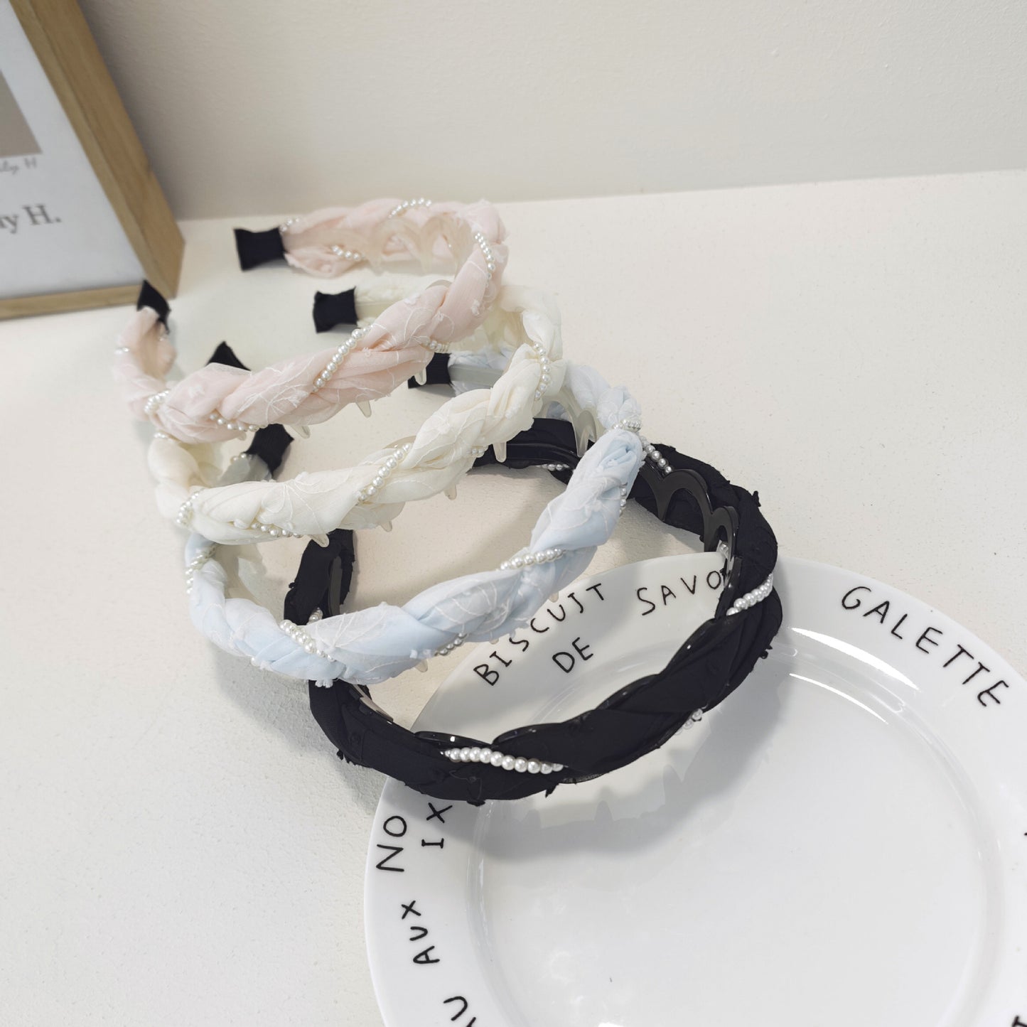 Pearl Jewelry Headband For Women In Blue Chiffon, Perfect For Spring & Summer