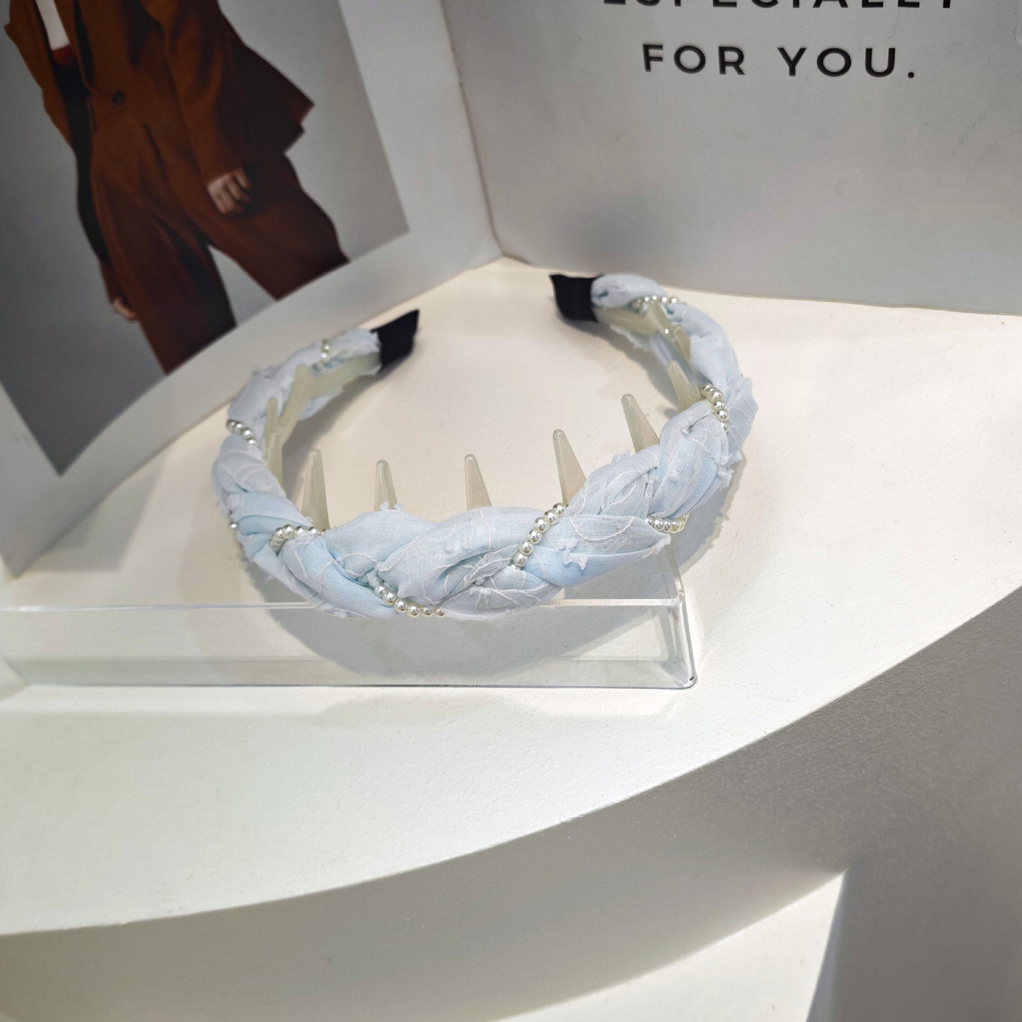 Pearl Jewelry Headband For Women In Blue Chiffon, Perfect For Spring & Summer