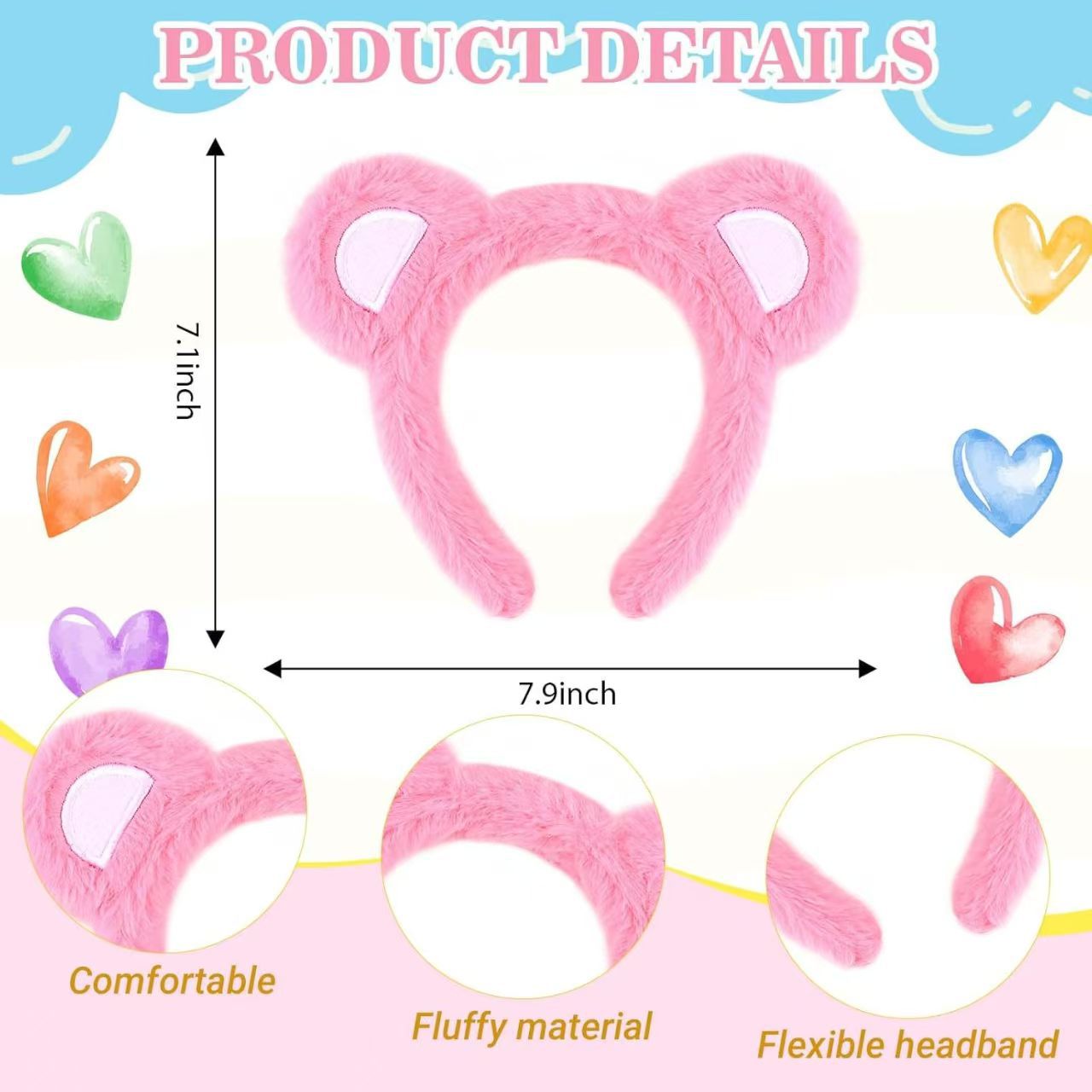 Little Bear Cartoon Style Spa Headband Made Of Cloth, Unisex, Natural Pink, 1 Set