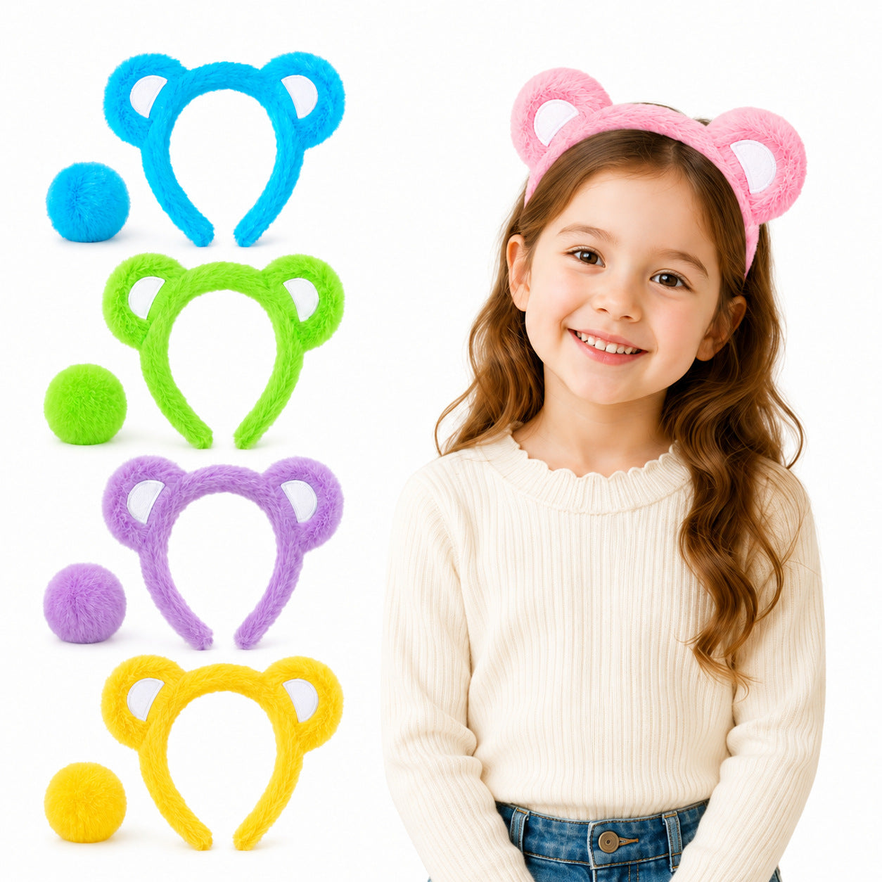 Little Bear Cartoon Style Spa Headband Made Of Cloth, Unisex, Natural Pink, 1 Set
