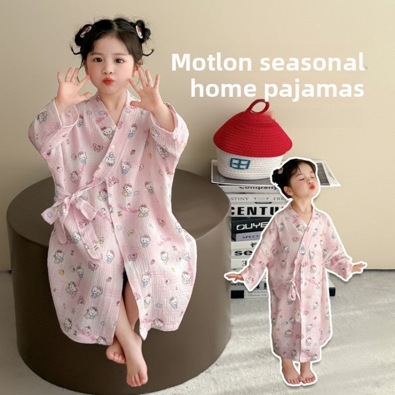 Cute Cartoon Girl's Cotton Blend Long Sleeve Nightgown In Natural Pink For Spring And Summer