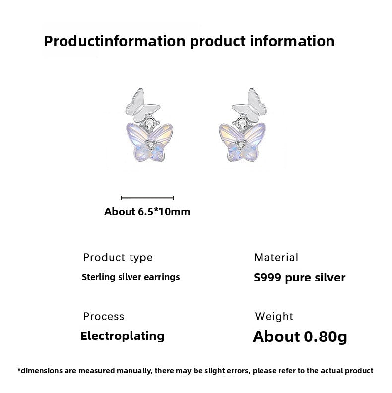 Butterfly Stud Earrings For Women In S999 Silver With Zircon Inlay, Platinum Plated Featuring Sweet Style