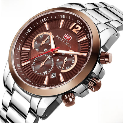 Men's Quartz Watch With Steel Belt Strap, Round Dial Featuring Tempered Glass Mirror And Pointer Display
