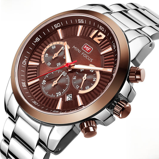 Men's Quartz Watch With Steel Belt Strap, Round Dial Featuring Tempered Glass Mirror And Pointer Display