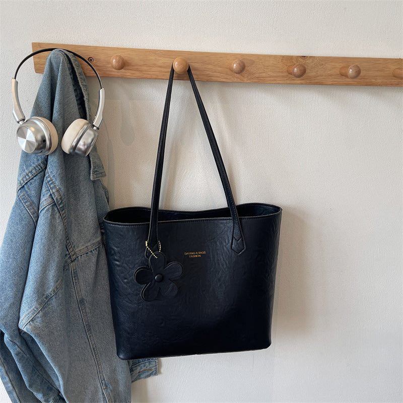 Solid Color Square PU Leather Tote Bag For Women With Sewing Thread Detail And Single Shoulder Strap