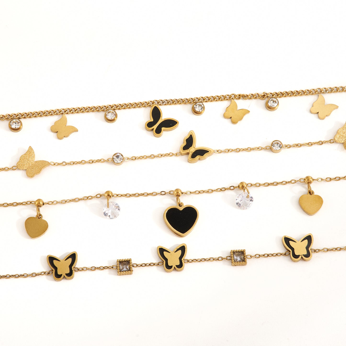 Heart Shape Multi Charms Bracelet Unisex Electroplated 304 Stainless Steel 18K Gold PVD Coated Rhinestones Cable Chain