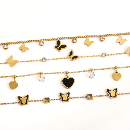 Heart Shape Multi Charms Bracelet Unisex Electroplated 304 Stainless Steel 18K Gold PVD Coated Rhinestones Cable Chain