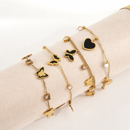 Heart Shape Multi Charms Bracelet Unisex Electroplated 304 Stainless Steel 18K Gold PVD Coated Rhinestones Cable Chain
