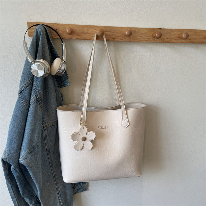 Solid Color Square PU Leather Tote Bag For Women With Sewing Thread Detail And Single Shoulder Strap