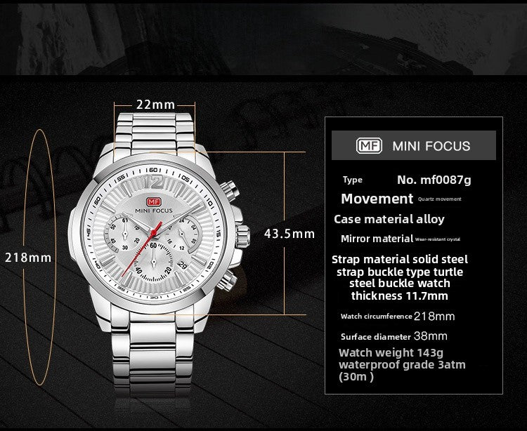 Men's Quartz Watch With Steel Belt Strap, Round Dial Featuring Tempered Glass Mirror And Pointer Display
