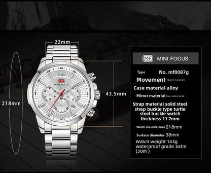 Men's Quartz Watch With Steel Belt Strap, Round Dial Featuring Tempered Glass Mirror And Pointer Display