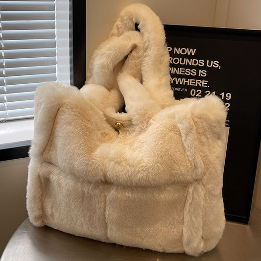 Women's Square Plush Tote Bag With Sewing Thread Detail, Single Shoulder Strap, Perfect For Autumn And Winter
