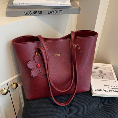 Solid Color Square PU Leather Tote Bag For Women With Sewing Thread Detail And Single Shoulder Strap