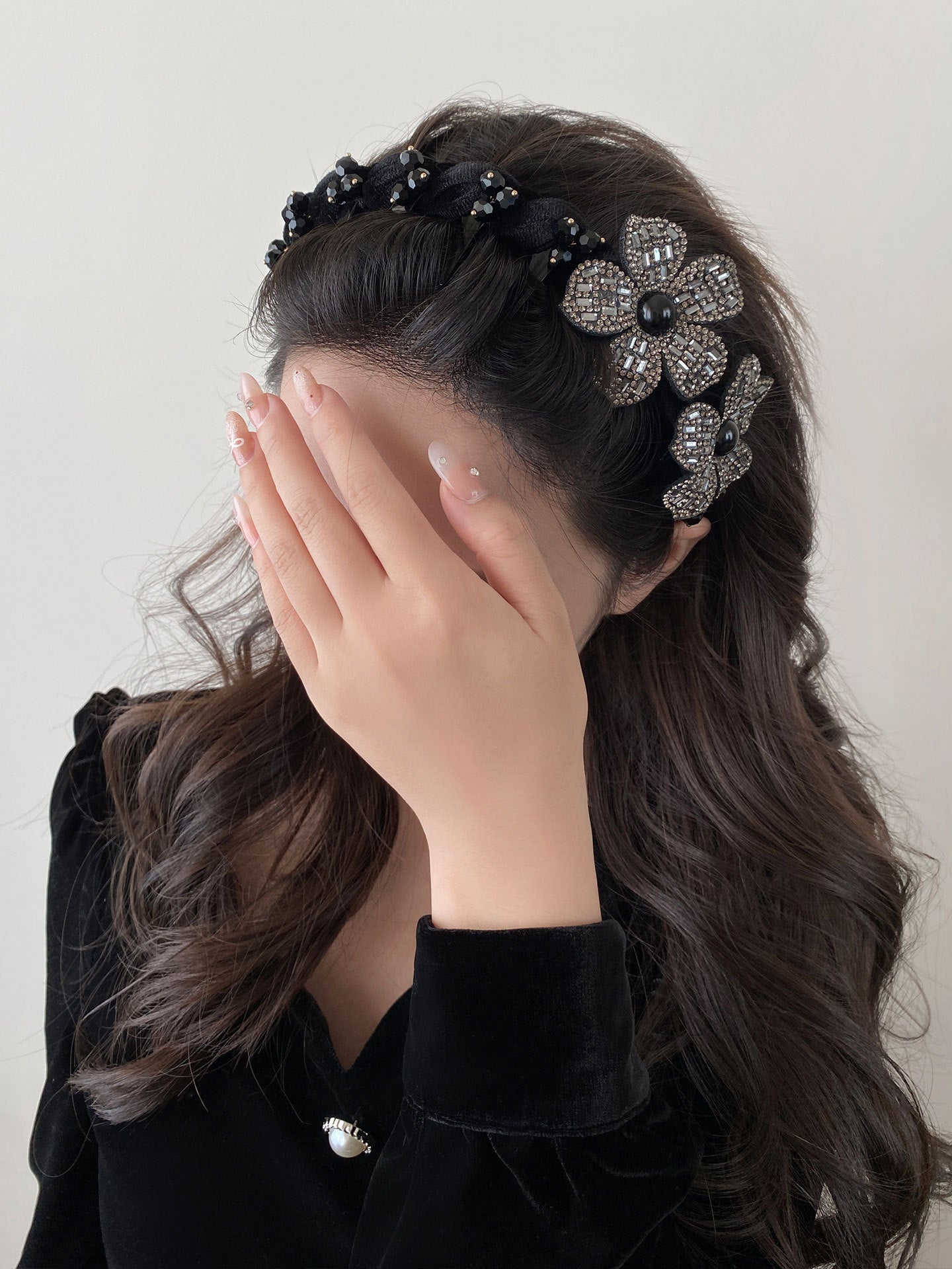 Flowers Jewelry Headband For Women In Velvet With Rhinestones, Summer Commute Style Hair Accessory
