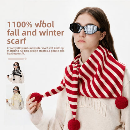 Women’s Stripe Triangle Scarf In Red Wool, Perfect For Autumn & Winter And Christmas Season