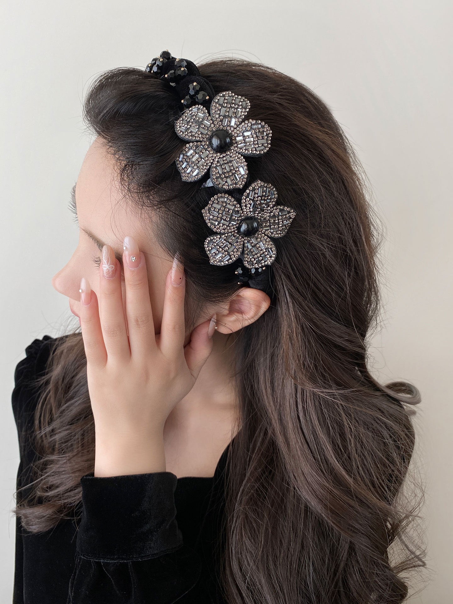 Flowers Jewelry Headband For Women In Velvet With Rhinestones, Summer Commute Style Hair Accessory