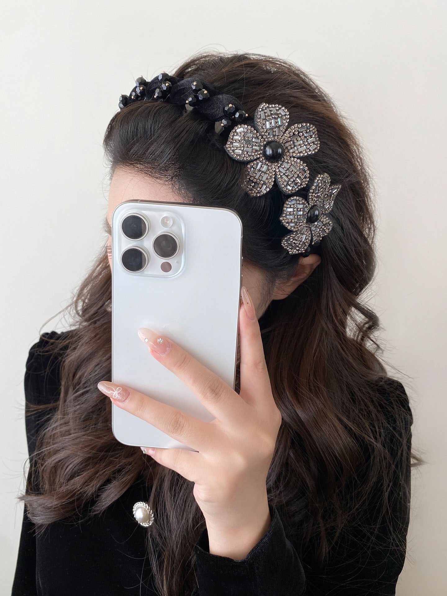 Flowers Jewelry Headband For Women In Velvet With Rhinestones, Summer Commute Style Hair Accessory